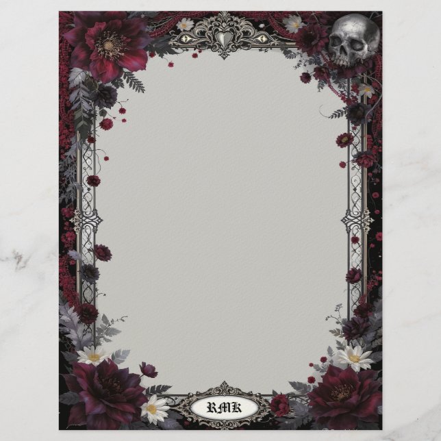 En-tête De Lettre Gothique avec fleurs rouges et blanches et crâne (Devant)