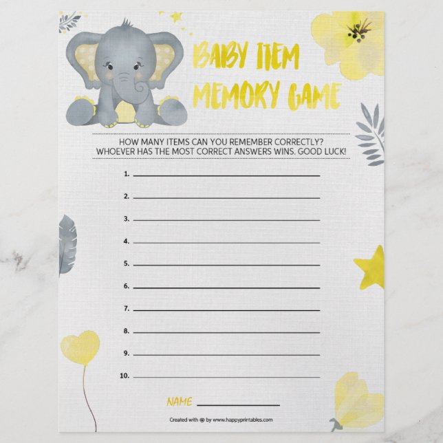 En-tête De Lettre Jeu de mémoire pour bébé [Baby Elephant [Jaune] (Devant)
