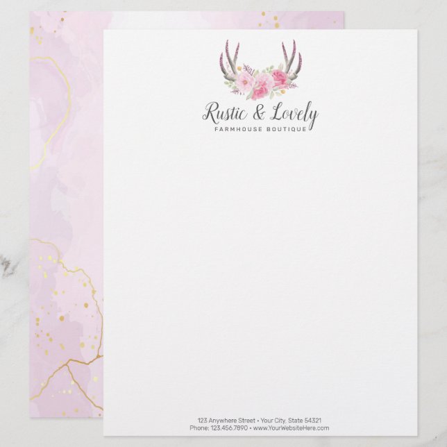 En-tête De Lettre Marbre rose or roux Marbre Russe Floral Antlers Ch (Devant / Derrière)