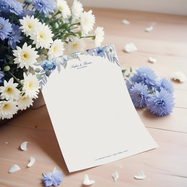 En-tête De Lettre Mariage Floral bleu et lavande (French Blue & Lavender Watercolor Floral Wedding Letterhead)