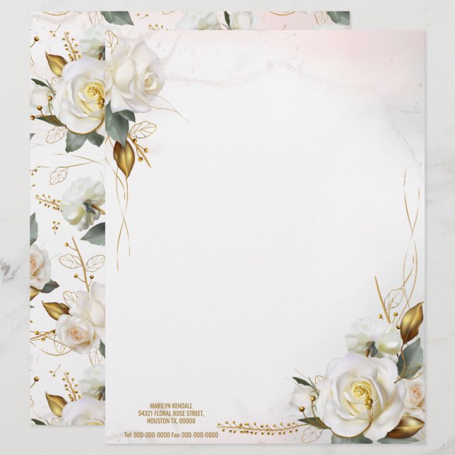 En-tête De Lettre Mariage floral romantique Rose blanche or (Devant / Derrière)