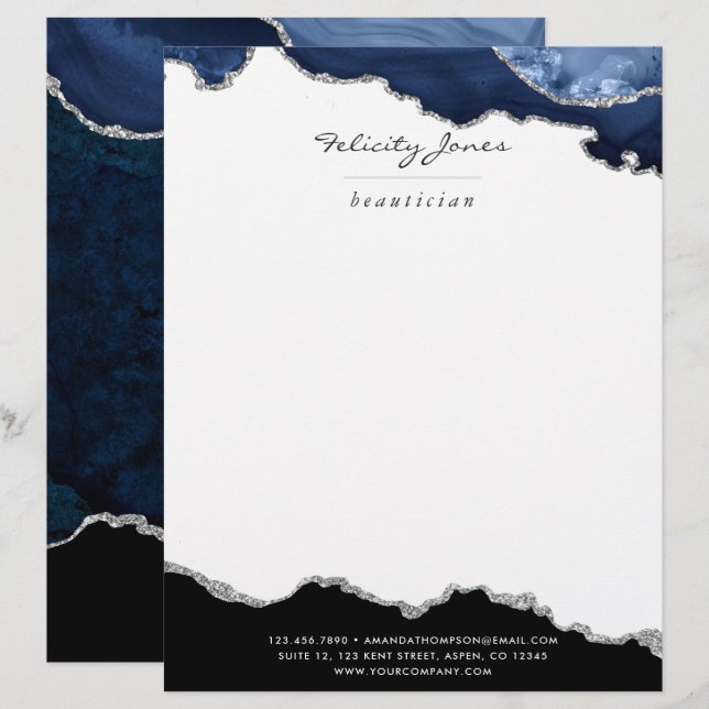 En-tête De Lettre Marine et Argent Agate pierre précieuse (Devant / Derrière)