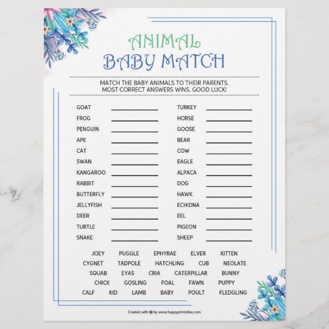 En-tête De Lettre Match bébé animal [thème floral bleu] (Devant)