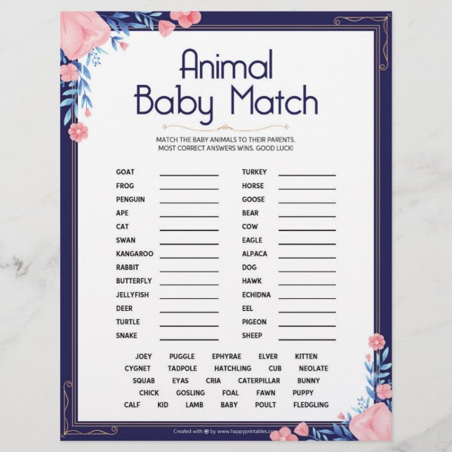 En-tête De Lettre Match pour bébé animal [Cadre floral] (Devant)