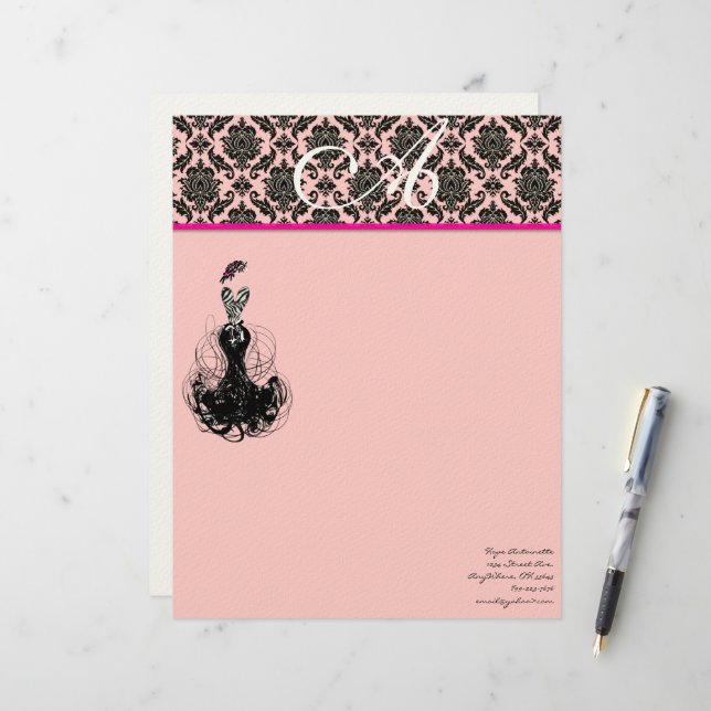 En-tête De Lettre Mode Diva rose framboise Monogramme Damas (Devant/Arrière en situation)