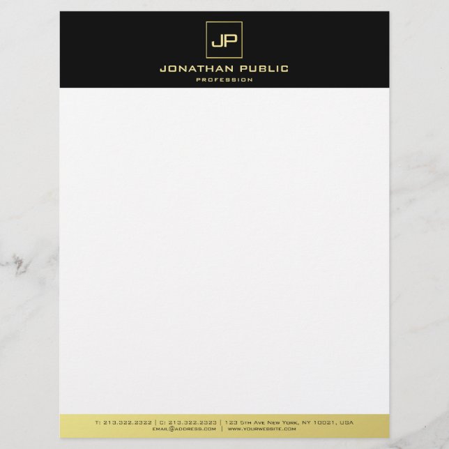 En-tête De Lettre Modèle de monogramme d'or noir blanc moderne (Devant)