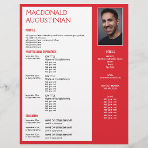 En-tête De Lettre Modèle RESUME moderne photo personnalisable RED