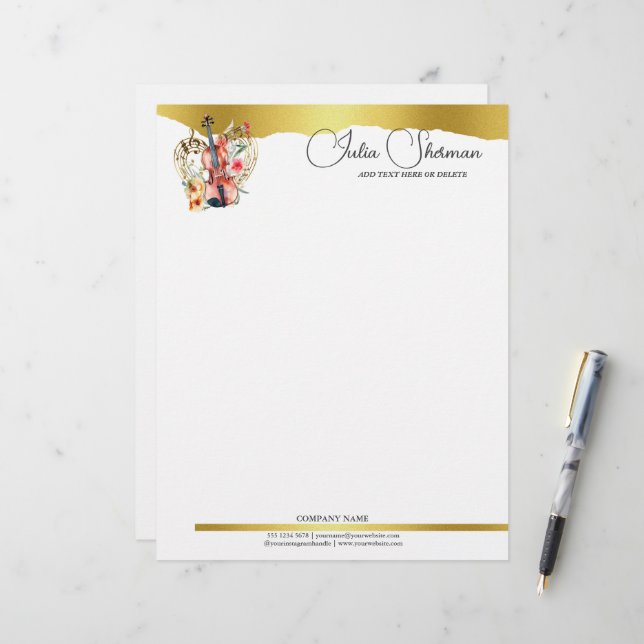 En-tête De Lettre Monogram Gold Violon Script moderne minimaliste (Devant/Arrière en situation)