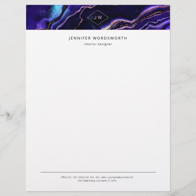 En-tête De Lettre Monogramme Aquarelle Géode Deep Blue Purple Agate (Devant)