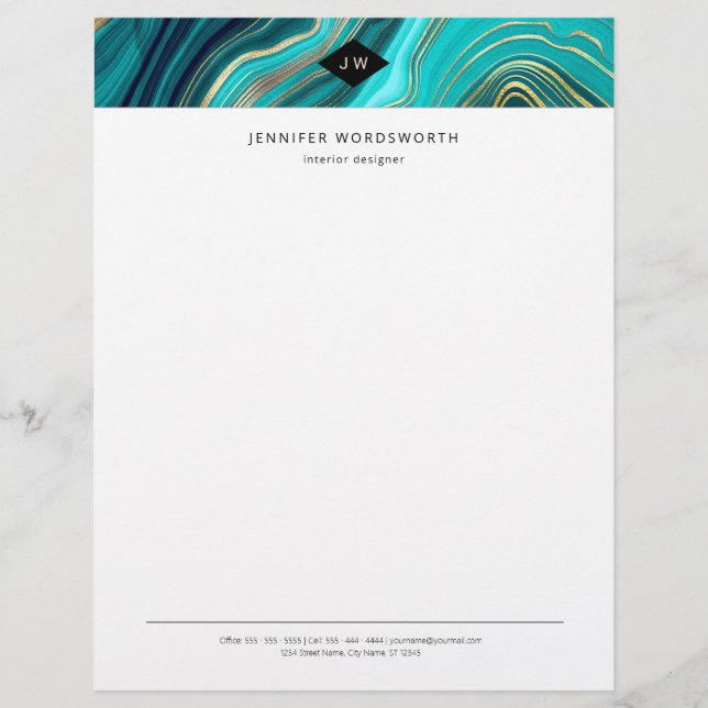 En-tête De Lettre Monogramme Aquarelle Géode Vert Agate Malachite (Devant)