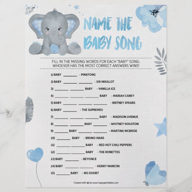 En-tête De Lettre Nom Cette Chanson De Bébé [Baby Elephant [Bleu] (Devant)