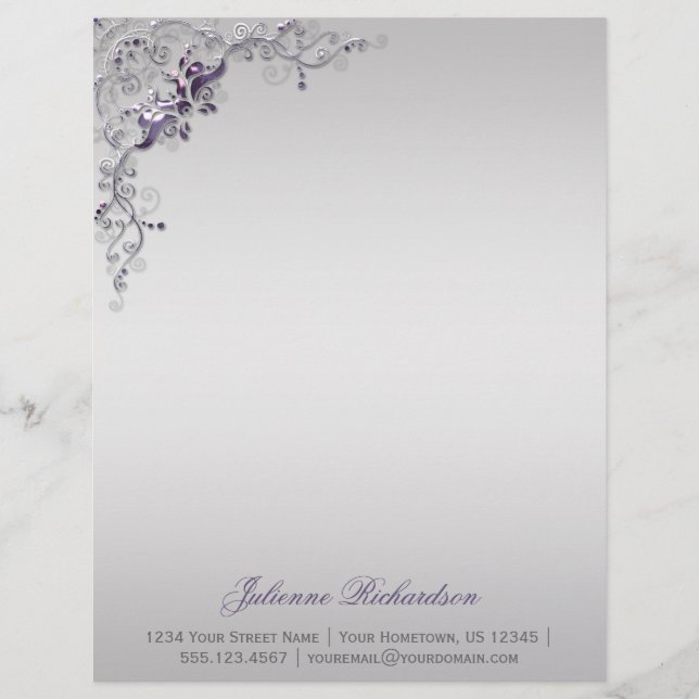 En-tête de lettre Ornat Purple Silver Floral (Devant)
