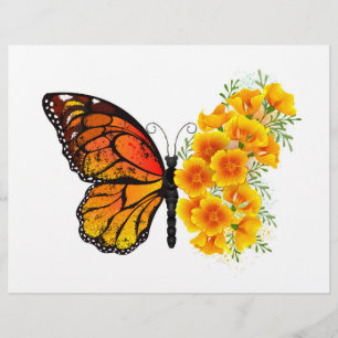 En-tête De Lettre Papillon Fleur avec Pavot de Californie Jaune