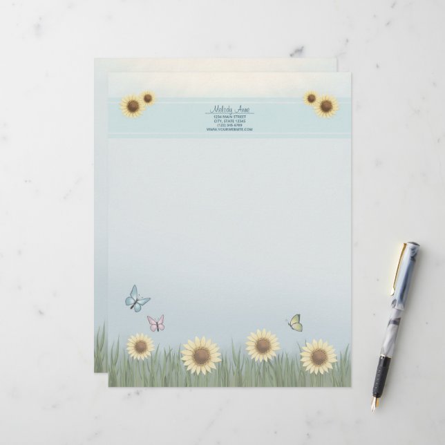 En-tête De Lettre Papillon Tournesol Floral (Devant/Arrière en situation)