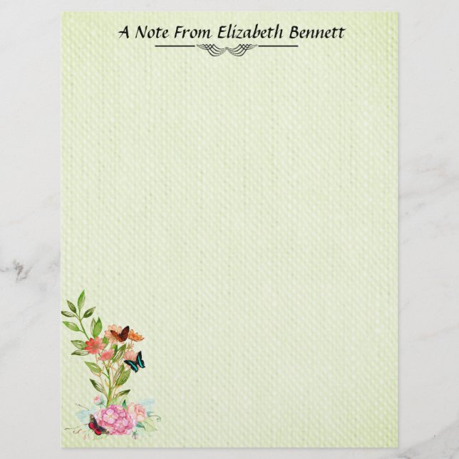 En-tête De Lettre Papillons de fleurs sur papier à lettres vert (Devant)