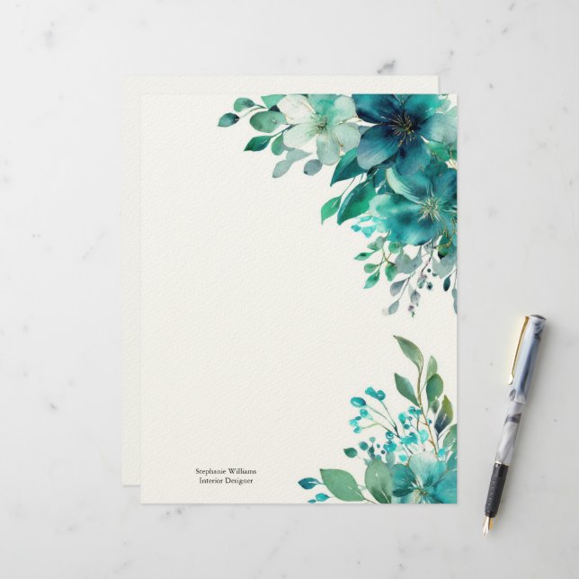 En-tête De Lettre Personalized Green Teal Wildflowers Florals  (Devant/Arrière en situation)