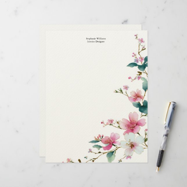 En-tête De Lettre Personalized  Pink White Wildflowers Florals  (Devant/Arrière en situation)