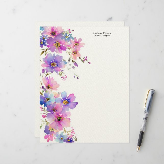 En-tête De Lettre Personalized Purple Pink Wildflowers Florals  (Devant/Arrière en situation)