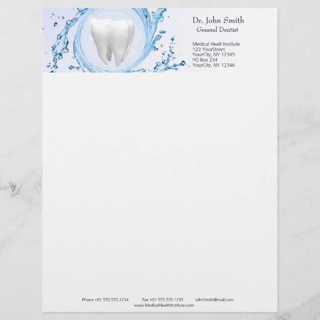 En-tête De Lettre Personnalisée Dentiste Dental Dental Dental Water Professionnel (Devant)