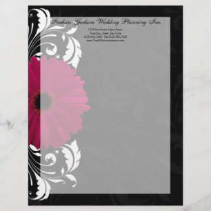 En-tête De Lettre Personnalisée Fuchsia Scroll Gerbera Daisy avec noir et blanc