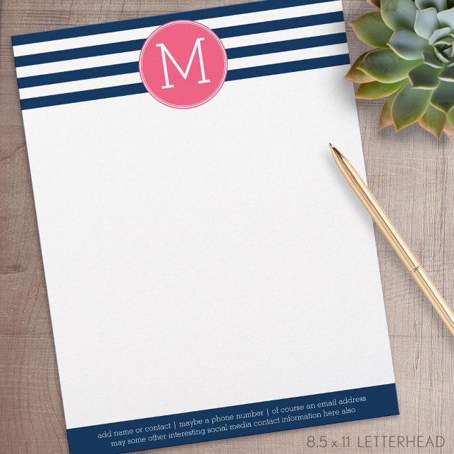 En-tête De Lettre Personnalisée Monogramme rose chaud Motif rayé blanc et marine (Personalized Letterhead )