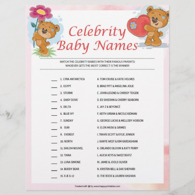 En-tête De Lettre Prénoms de bébés de stars [Nounours] (Devant)