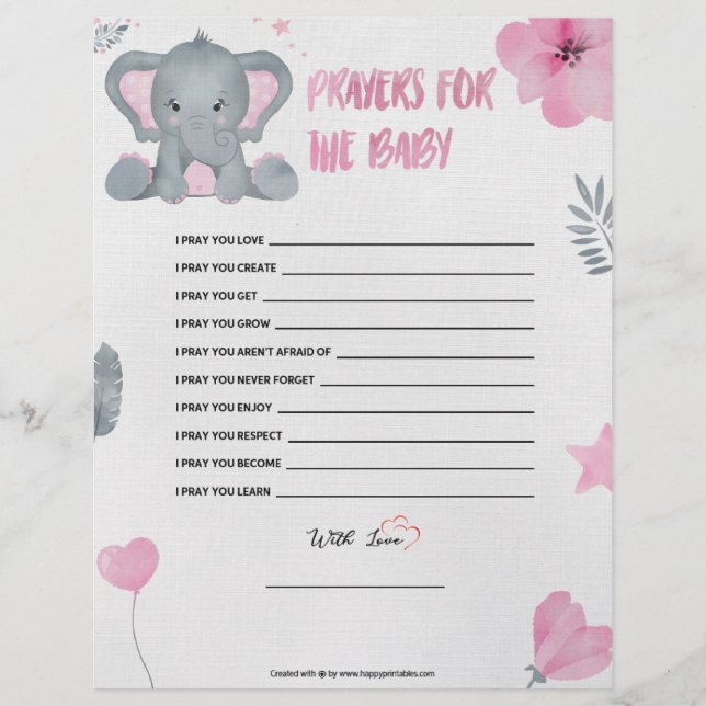 En-tête De Lettre Prières Pour Le Bébé [Baby Elephant [Rose]] (Devant)