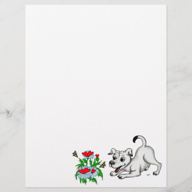 En-tête De Lettre Printemps Éveil, Chiot avec Fleurs et Papillon (Devant)