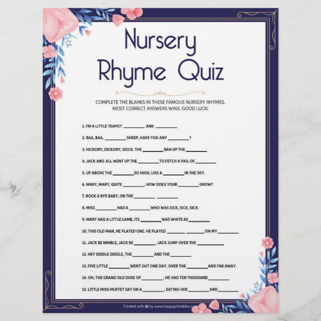 En-tête De Lettre Quiz de Nursery Rhymes [Cadre Floral] (Devant)