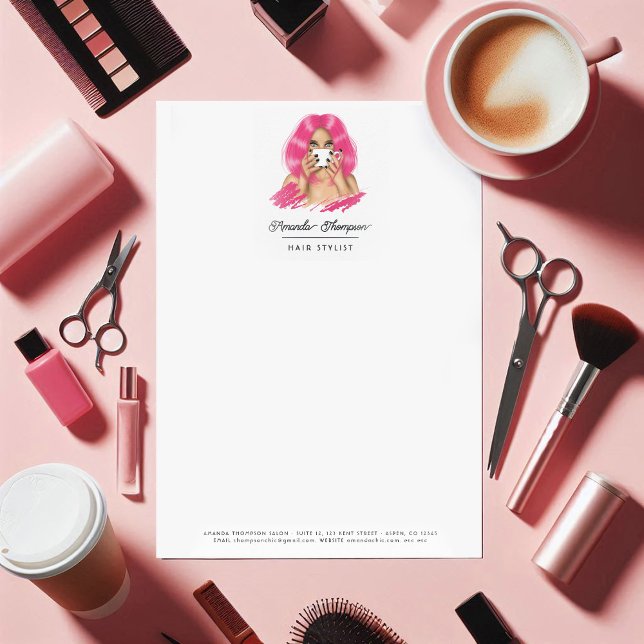 En-tête De Lettre Salon Chic aux cheveux roses (Chic Pink Hair Salon Letterhead)