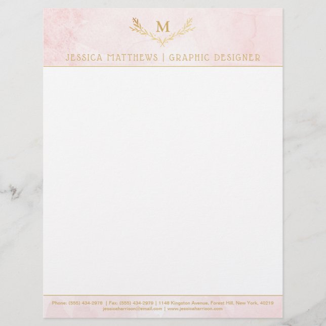 En-tête De Lettre Tendance Blush Rose & Or Foil Monogramme Wreath (Devant)
