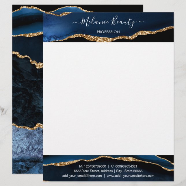 En-tête De Lettre Tête de texte personnalisée Agate Navy Blue Gold (Devant / Derrière)