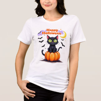 En Tri-matière Chat noir mignon Joyeux T-shirt Halloween