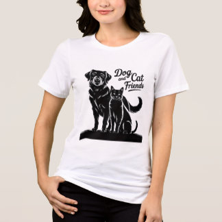 En Tri-matière chien, chat, silhouette, amis, T-shirt
