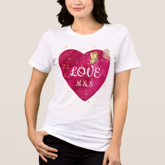 En Tri-matière Golden Butterfly Pink Heart Valentine T-Shirt