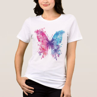 En Tri-matière T-shirt papillon à l'aquarelle rose et bleu – Pa d