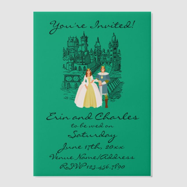 En Vélin Imaginaire médiéval Green Wedding Invitations (Recto)