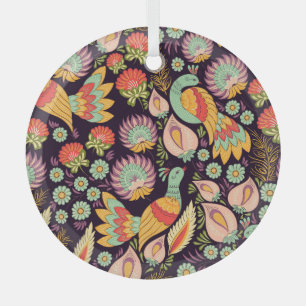 En Verre Ornement vintage Folk Floral Birds