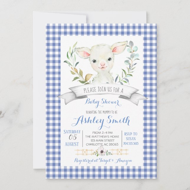 en vichy baby shower ovin de ferme invitation (Devant)