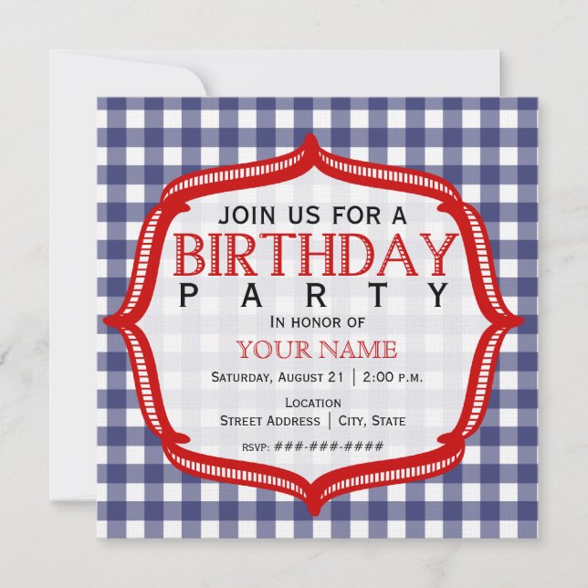 En vichy Bleu avec Rouge - Invitation à la fête d' (Devant)