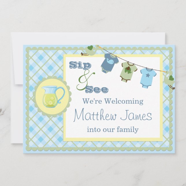 En vichy bleu Sip et voir Bunting Baby Invitation (Devant)