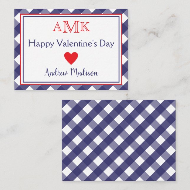 en vichy Cartes de classe de Monogram Valentine (Devant / Derrière)