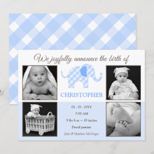 en vichy Elephant Baby Boy Photo Faire-part de nai