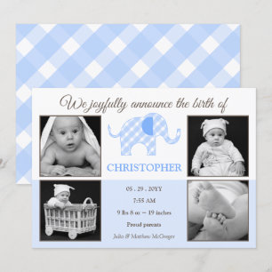 en vichy Elephant Baby Boy Photo Faire-part de nai
