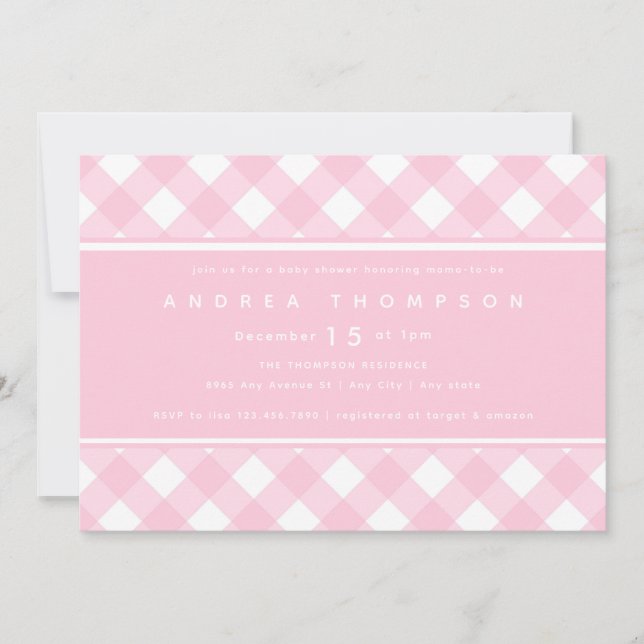 en vichy rose | Invitation Baby shower fille (Devant)