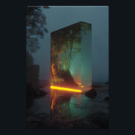 Enchanted Crystal Monolith Forest Glow Fotodruck<br><div class="desc">A towering rectangular crystal monolith stands on a misty rocky shoreline at twilight. Inside its translucent depths, a vibrant lush forest with dense green trees glows with warm golden-orange light that spills out as a radiant horizontal band, perfectly reflected on the wet rocks and shallow water below. The dark exterior...</div>