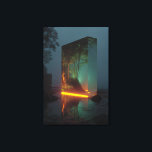 Enchanted Crystal Monolith Forest Glow Leinwanddruck<br><div class="desc">A towering rectangular crystal monolith stands on a misty rocky shoreline at twilight. Inside its translucent depths, a vibrant lush forest with dense green trees glows with warm golden-orange light that spills out as a radiant horizontal band, perfectly reflected on the wet rocks and shallow water below. The dark exterior...</div>