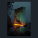 Enchanted Crystal Monolith Forest Glow Poster<br><div class="desc">A towering rectangular crystal monolith stands on a misty rocky shoreline at twilight. Inside its translucent depths, a vibrant lush forest with dense green trees glows with warm golden-orange light that spills out as a radiant horizontal band, perfectly reflected on the wet rocks and shallow water below. The dark exterior...</div>