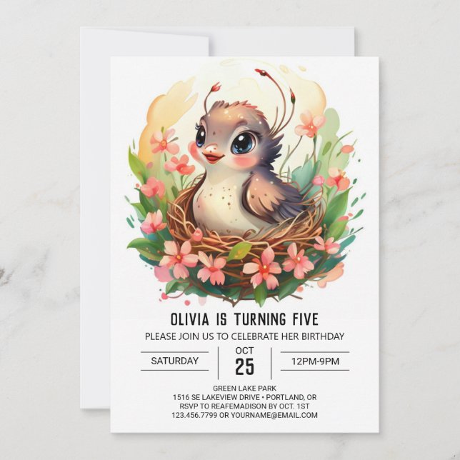 Enchanted Editable Bird Birthday Einladung (Vorderseite)