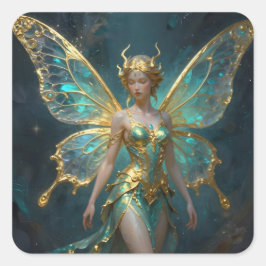 Enchanted Fairy in Gold and Turquoise Quadratischer Aufkleber